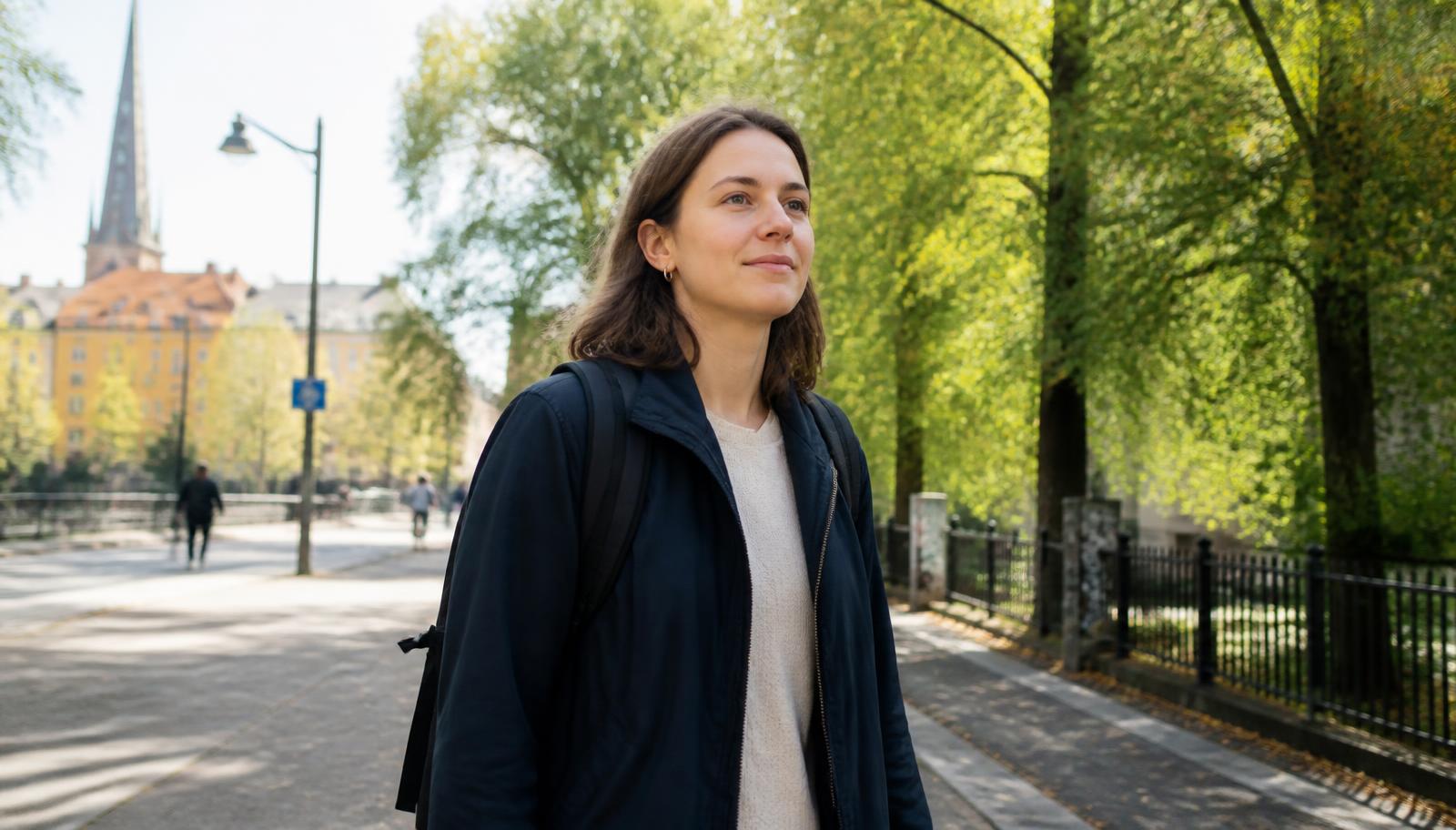 Person på väg till nytt jobb en ljus morgon